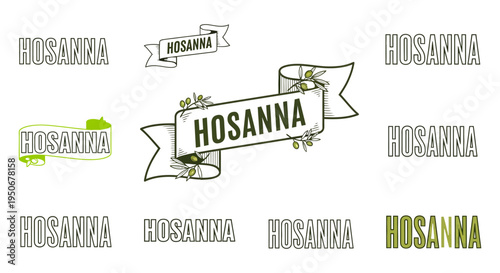 Hosanna banner vector icon sheet set olive branch text graphics Palm Sunday religious celebration easter design elements green color palette holy week lent christian commercial layout