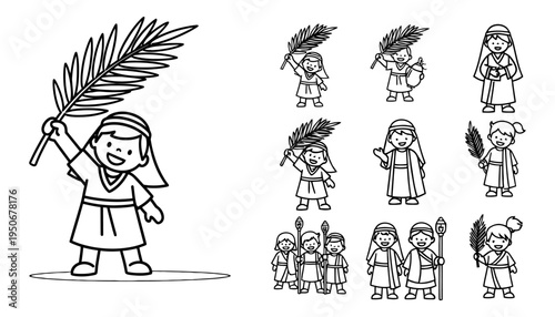 Palm Sunday vector icon sheet line art children with palm branches religious celebration holiday graphics simple cartoon style holy week easter lent design clip art 