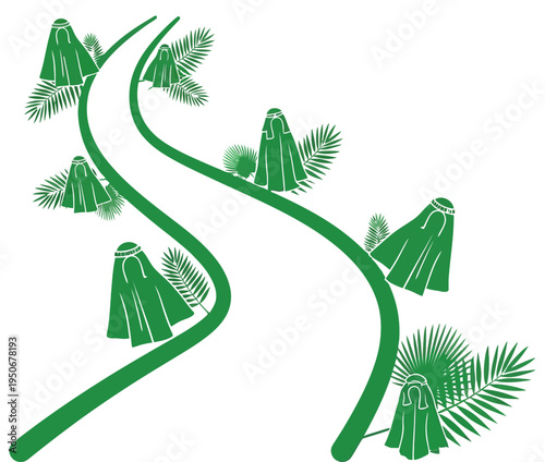 Palm Sunday silhouette vector icon sheet figures with palm branches winding path religious illustration green tones easter holiday graphic holy week lent christian church 
