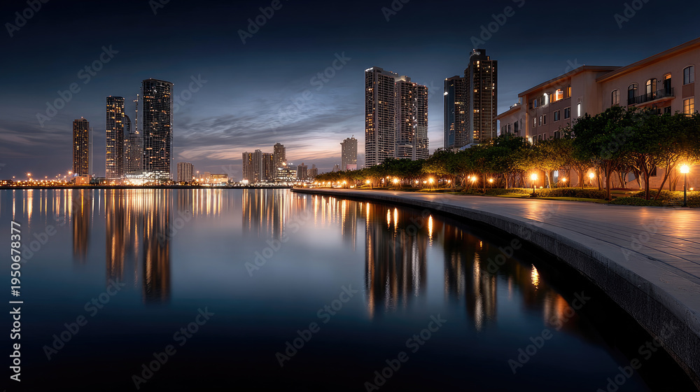 Fototapeta premium Corpus Christi cityscape and harbor reflecting on the bay at sundown, featuring illuminated high rise buildings and a tranquil waterfront promenade in Texas. Corpus Christi