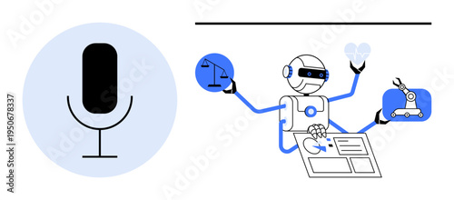 AI, robotics, multitasking, voice recognition, technology, automation. Robot holding icons including weighing scale, heart and robotic arm. AI and multitasking in technology and design
