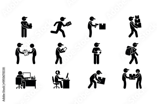 Courier with parcel box, courier running with package, courier holding clipboard, courier with handheld scanner, courier carrying