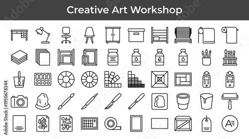 Creative workshop equipment and visual art production tools illustrated as minimal outline icons representing spaces where