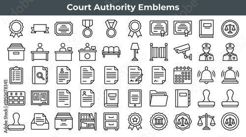 Court authority emblems and legal institution imagery illustrated as minimal outline icons representing visual identifiers of the