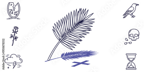 Palm Sunday Ash Wednesday mortality vector icon sheet palm frond skull hourglass storm symbolic illustration religious reflection remembrance lent holy week easter christian asset 