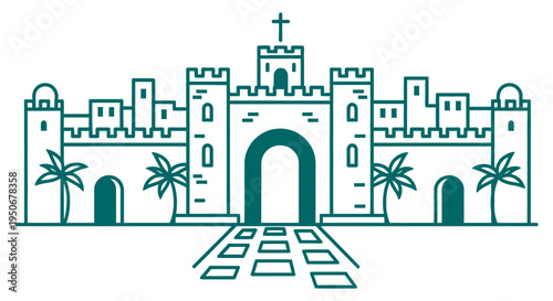 Ancient walled Jerusalem city illustration palm trees arched gateway vector icon symbolizing holy land religious pilgrimage Palm Sunday easter holy week christian faith