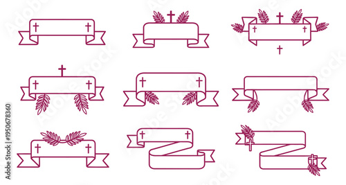 Collection of decorative ribbon banners cross symbols floral elements vector icon sheet Palm Sunday easter religious celebrations elegant ornate holy week christian church commercial