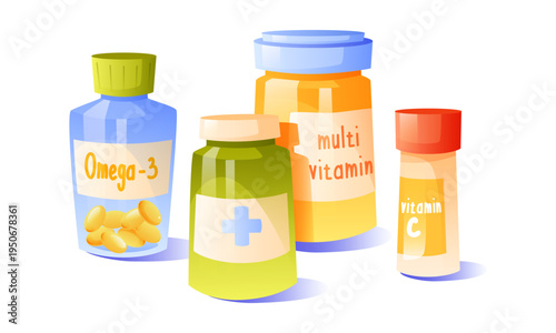 Omega 3, Multivitamin and Vitamin C Supplement Bottles