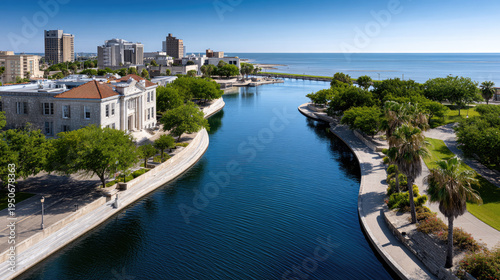 Corpus Christi cityscape offers a panoramic view of modern architecture, calm waterways reflecting the sunset, and an expansive U.S. Coastal scene with a distant bridge connecting land to sea
