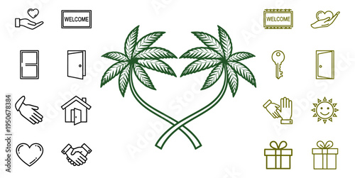 Palm Sunday vector icon sheet set welcoming home hospitality real estate icons with palm frond heart shape christian love religious easter holy week lent church editable graphic asset