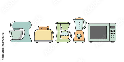 Kitchen appliances collection in a line, featuring essentials for various cooking and daily tasks, presented as flat color icons