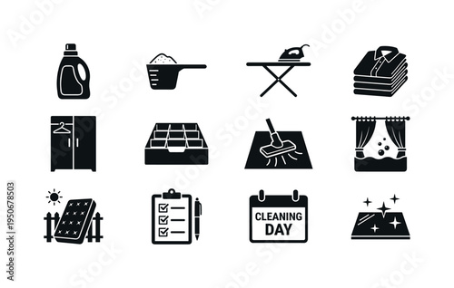 Detergent bottle icon, laundry detergent scoop symbol, ironing board with iron icon, folded shirts stack symbol, wardrobe with
