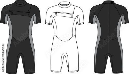 Short Sleeve Wetsuit Flat Vector Technical Sketch Template with Front and Back View
