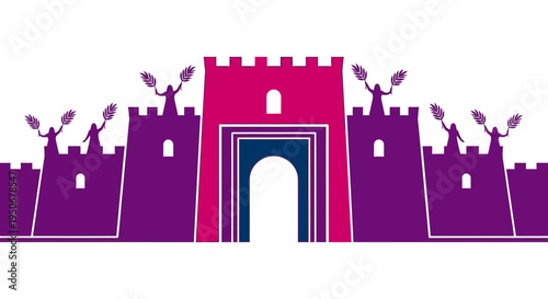 Palm Sunday city gate castle vector illustration welcoming celebration purple fort raised palm branches religious holiday easter holy week triumphal entry icon graphic editable asset