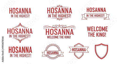 Hosanna in the highest Palm Sunday typography collection vector icon sheet vintage badges floral embellishments shield motifs religious easter holy week christian commercial template
