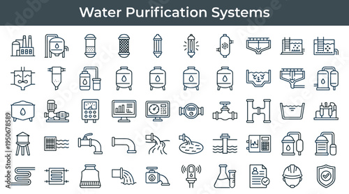 Drinking water treatment equipment and sanitation infrastructure illustrated as minimal outline icons representing purification