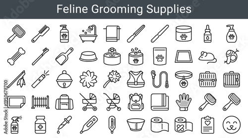 Feline grooming supplies and domestic pet maintenance accessories illustrated as minimal outline icons representing everyday
