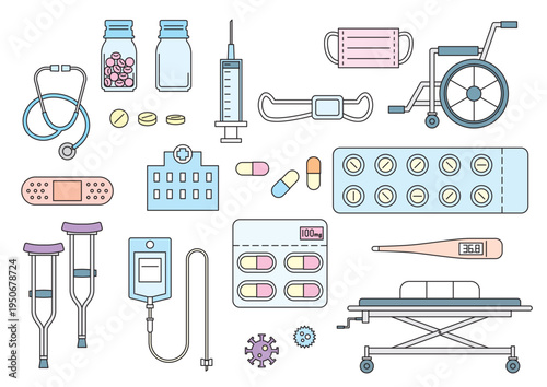 薬・注射・マスク　病気や医療のアイテムセット　彩色あり