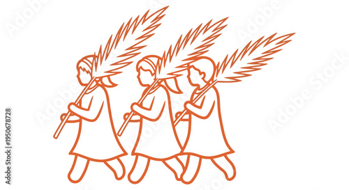 Palm Sunday procession people with palm branches religious holiday line art vector single icon illustration easter holy week lent christian faith church graphic triumphal editable 