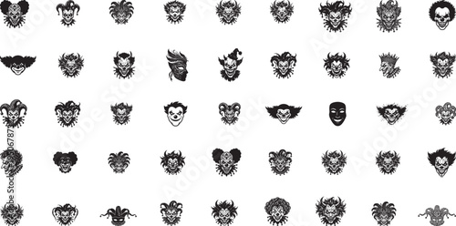 Scary Clown and Jester Face Silhouettes Vector Set