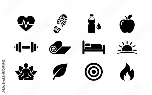 Fitness smartwatch display, heart pulse icon, step counter shoe print, water bottle hydration, healthy apple fruit, dumbbell