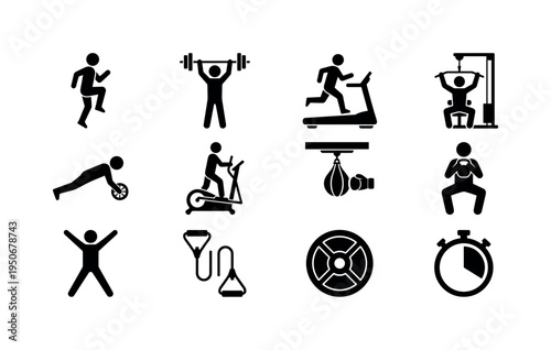 Fitness smartwatch display, dumbbell hex weight, yoga mat rolled, running shoe modern, water bottle steel, protein shaker cup,