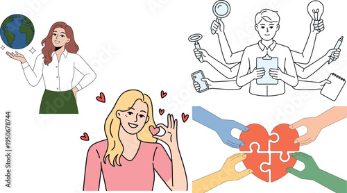 Multitasking Business Management and Community Support Vector Set Featuring Global Leadership, Creative Idea Generation, Heart Puzzle Collaboration, and Positive Emotional Care Symbols