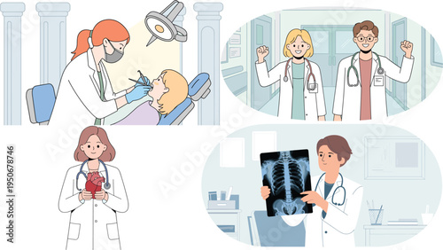 Medical Healthcare Professional Vector Set Featuring Female Dentist Treating Patient, Doctors Celebrating in Hospital, Cardiologist with Heart Model, and Physician Examining X-ray Scan