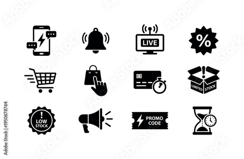 Flash deal smartphone notification, push alert bell icon, live sale broadcast screen, real time offer badge, rapid checkout cart