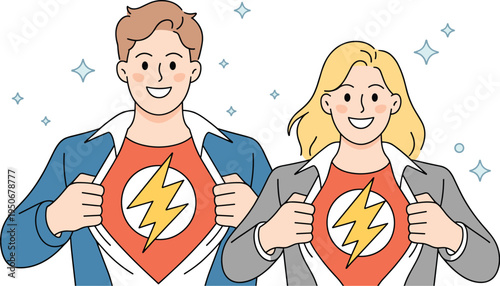 Successful Business Professionals Revealing Superhero Identity, Concept of Corporate Leadership Excellence, Exceptional Workplace Performance, Empowered Employee Potential Vector Illustration