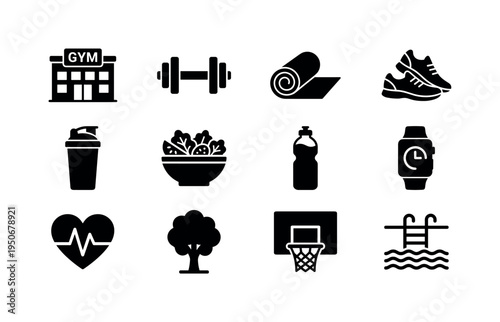 Gym building exterior, dumbbell weight, yoga mat rolled, running shoes pair, protein shaker bottle, salad bowl healthy, water