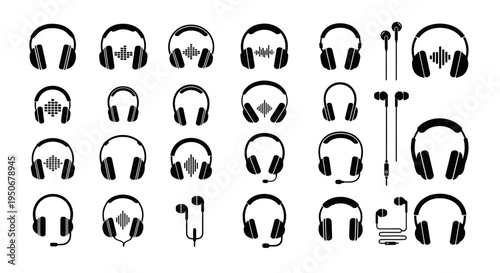 headphone icons collection featuring various headsets and earbuds for modern audio and music design projects.