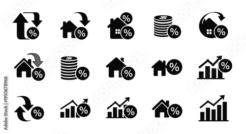 icons for financial interest rates real estate market trends property value changes and mortgage rates with percentage symbols