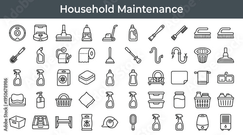 Household maintenance equipment and domestic hygiene accessories illustrated as minimal outline icons representing everyday living