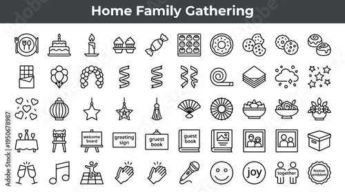 Home gathering decorations and joyful event accessories illustrated as minimal outline icons representing warm celebrations shared