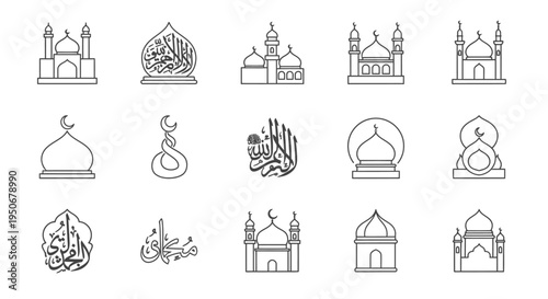 islamic line art icon set featuring mosques domes crescent symbols and arabic calligraphy for religious graphic design.