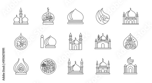 islamic architecture line icons featuring mosque domes minarets and arabic calligraphy symbols for religious designs