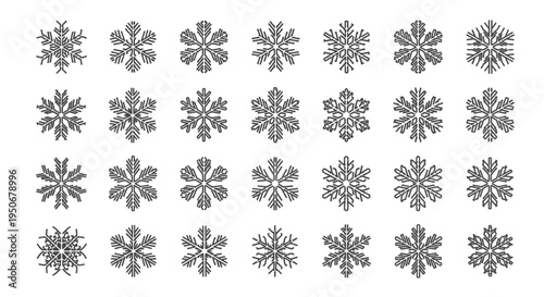 intricate snowflake icons collection showcasing unique snow crystal designs for winter holiday graphics and festive season decorations