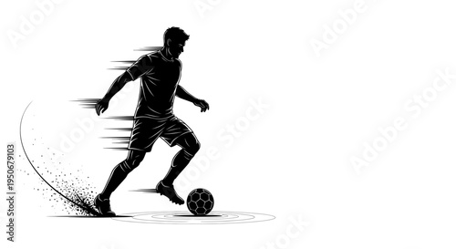 male soccer player silhouette powerfully dribbling a soccer ball showing speed and dynamic motion on a clean white background.
