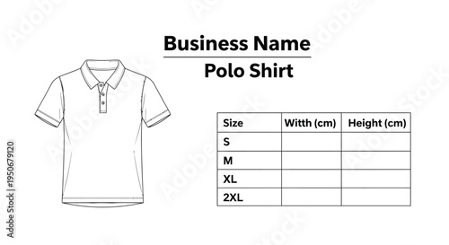 mens polo shirt line art drawing with size chart illustrating apparel product specifications for design and e-commerce.