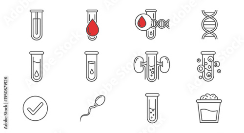 medical laboratory test icons collection illustrating various biological samples and diagnostic procedures ideal for scientific and healthcare infographics