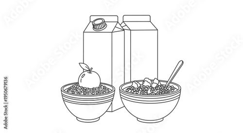 minimal line art illustration of a healthy breakfast featuring milk cartons cereal bowls an apple and a spoon for nutritional content.