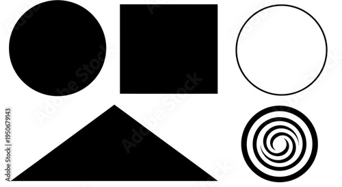 minimalist graphic design elements featuring basic geometric shapes a filled circle rectangle triangle and a stylized spiral on white.