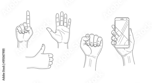 minimalist line art collection of various hand gestures and a hand holding a smartphone isolated on white