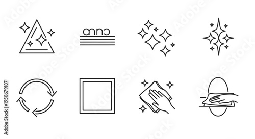 minimalist line art cleaning icons and sparkling symbols illustrating hygiene fresh surfaces and household maintenance.