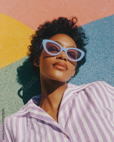 African woman reclining on colorful background wearing stylish sunglasses and striped shirt, showcasing vibrant fashion and summer style in a bright outdoor setting