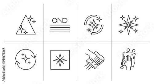 modern line art cleaning icons set depicting sparkle wiping and laundry symbols ideal for product branding and hygiene concepts