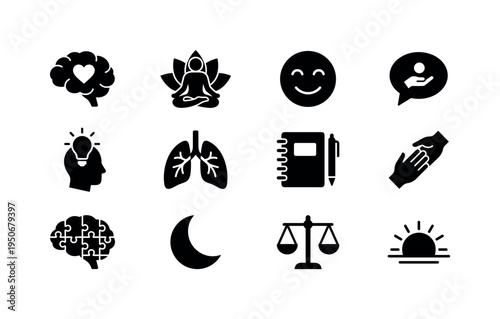 Brain with heart icon, meditation lotus pose symbol, smiling face calm icon, speech bubble support symbol, head silhouette with
