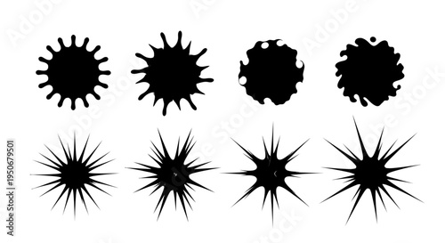 set of abstract black ink splat and sharp burst shapes dynamic graphic elements isolated on white for design projects