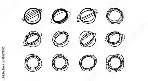 set of abstract hand-drawn scribble circles and tangled rings ideal for graphic design conceptual branding and creative illustration
